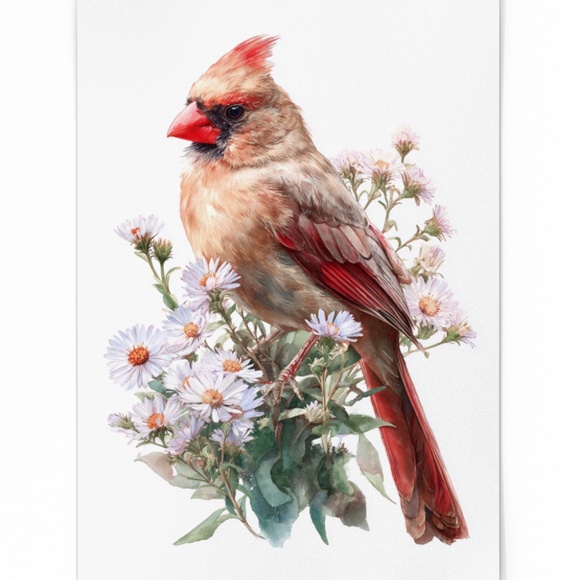 Watercolor Female Cardinal Bird with Flowers Wall Art Print Unframed - Picture 2 of 6